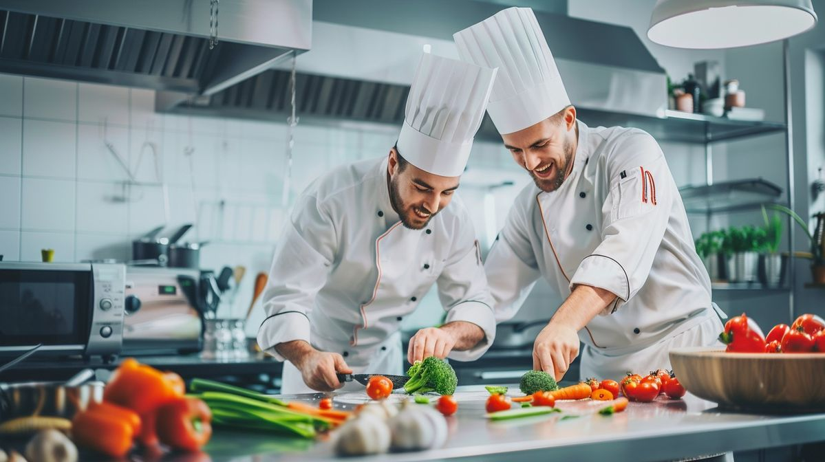 Two chefs preparing fresh vegetables in a commercial kitchen